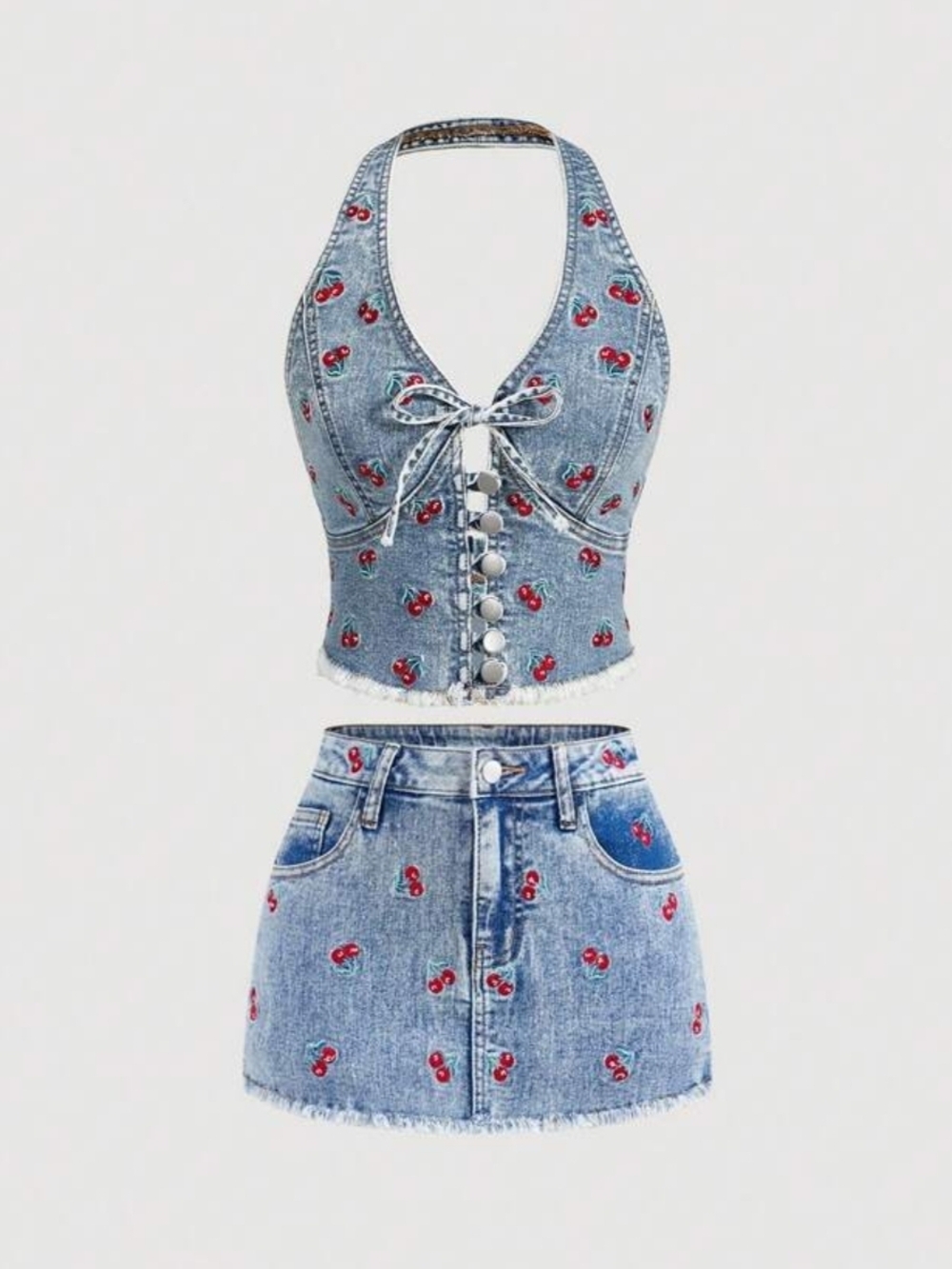 SHEIN Light Blue Denim Cherry Halter Lace-Up Crop Top And A Skort